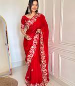 Red Color Sequins Embroidery  Work  Satin Silk  Saree