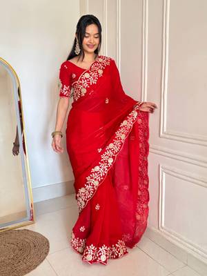 Red Color Sequins Embroidery  Work  Satin Silk  Saree 2