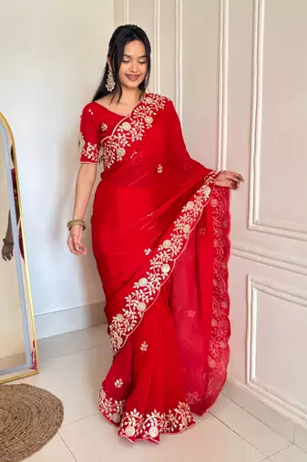 Red Color Sequins Embroidery  Work  Satin Silk  Saree