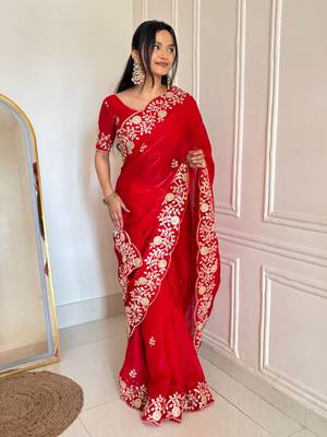 Red Color Sequins Embroidery  Work  Satin Silk  Saree 3
