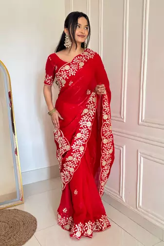 Red Color Sequins Embroidery  Work  Satin Silk  Saree