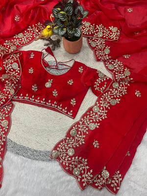 Red Color Sequins Embroidery  Work  Satin Silk  Saree 5