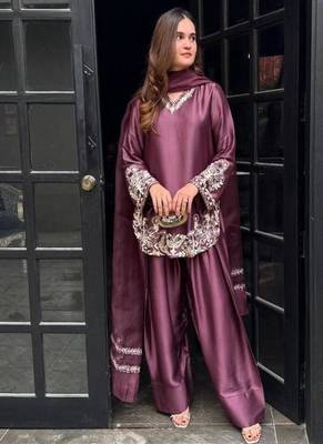 Wine embroidery crep silk full stitched farshi salwar 2