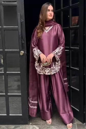 Wine embroidery crep silk full stitched farshi salwar