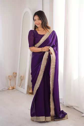 Purple Color Sequins Lace Border Work Satin Silk Saree