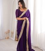 Purple Color Sequins Lace Border Work Satin art silk saree