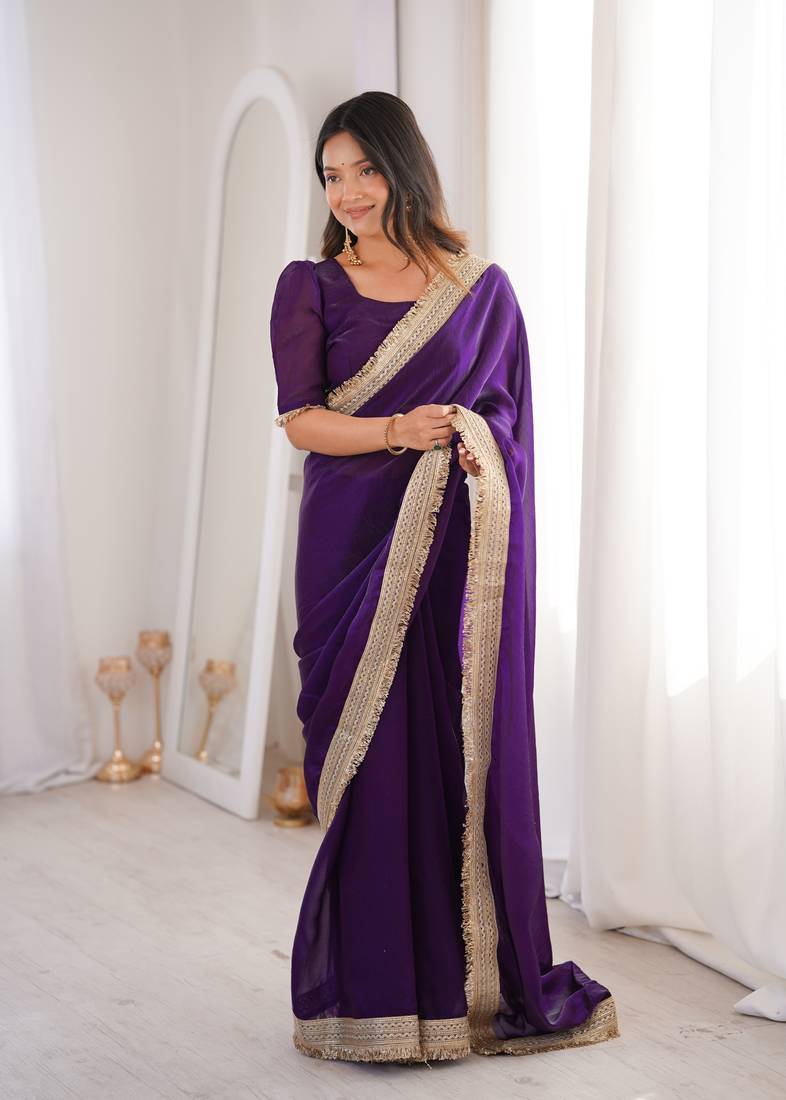 Purple Color Sequins Lace Border Work Satin Silk Saree