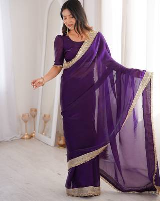 Purple Color Sequins Lace Border Work Satin art silk saree 2