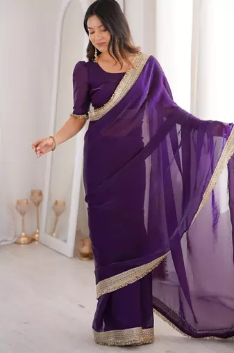 Purple Color Sequins Lace Border Work Satin art silk saree