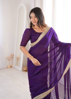 Purple Color Sequins Lace Border Work Satin art silk saree 3