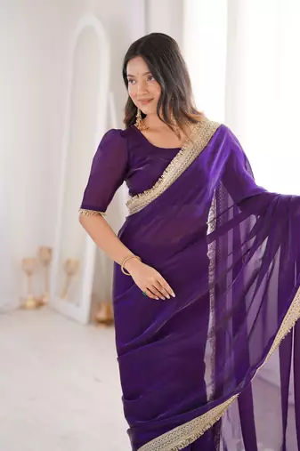 Purple Color Sequins Lace Border Work Satin art silk saree
