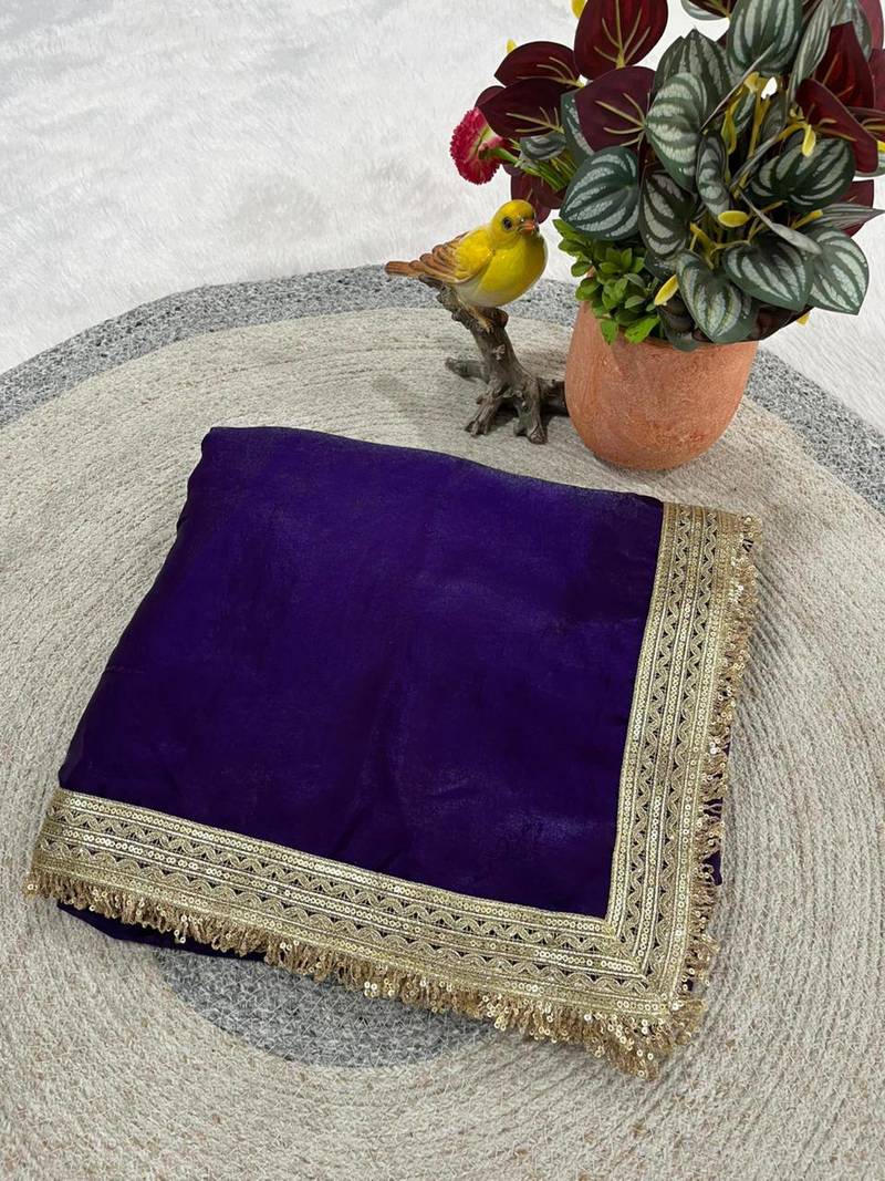 Purple Color Sequins Lace Border Work Satin art silk saree