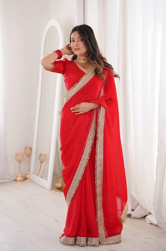 Red Color Sequins Lace Border Work Satin Silk Saree