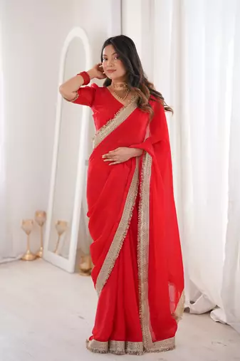 Red Color Sequins Lace Border Work Satin Silk Saree