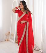Red Color Sequins Lace Border Work Satin art silk saree
