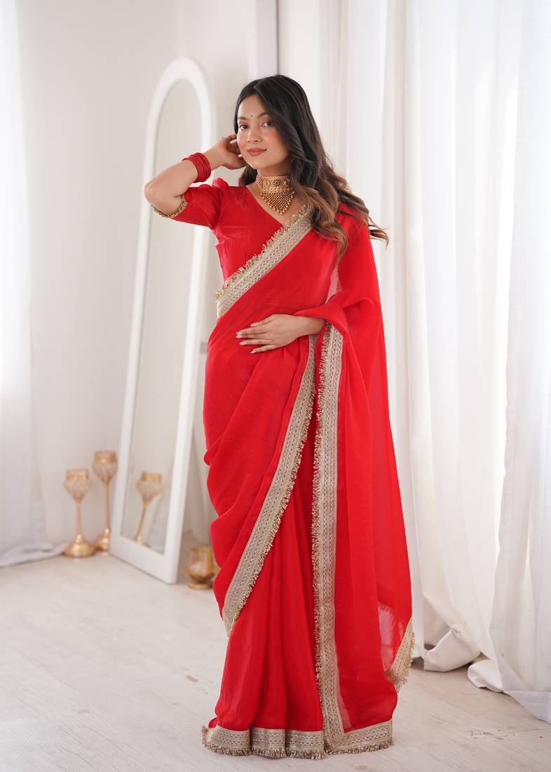 Red Color Sequins Lace Border Work Satin Silk Saree