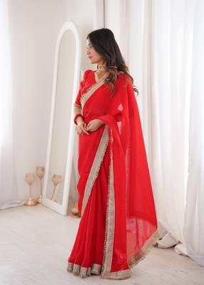 Red Color Sequins Lace Border Work Satin art silk saree 2