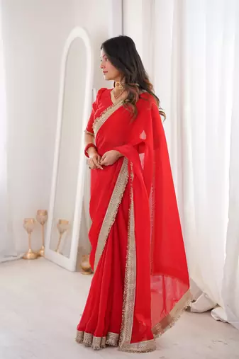 Red Color Sequins Lace Border Work Satin art silk saree