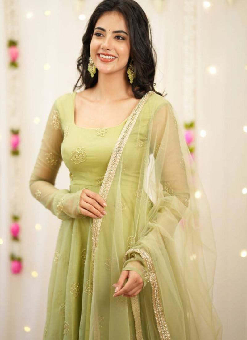 Light-green embroidery bids full stitched anarkali suit