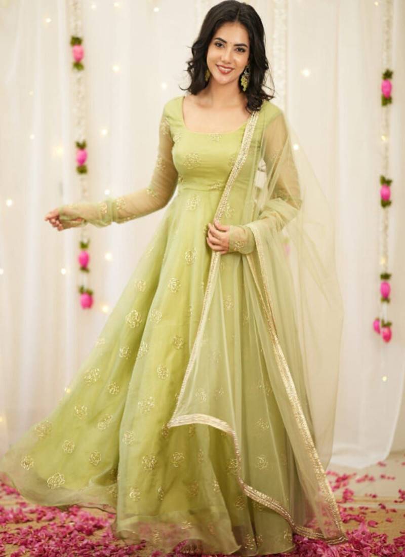Light-green embroidery bids full stitched anarkali suit