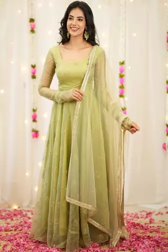 Light-green embroidery bids full stitched anarkali suit
