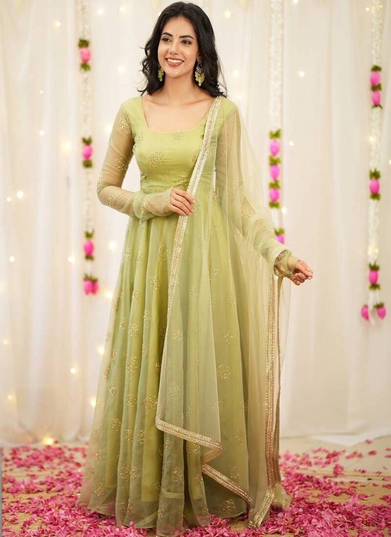 Light-green embroidery bids full stitched anarkali suit