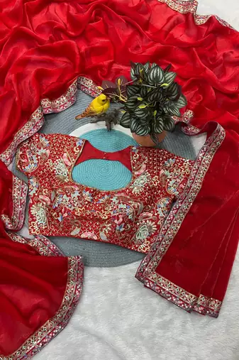 Red Color Sequins and jari & Multi Thread Embroidery Work Satin Silk Saree