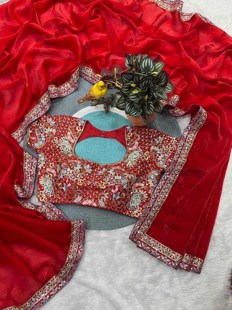 Red Color Sequins and jari & Multi Thread Embroidery Work Satin Silk Saree