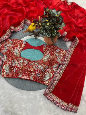 Red Color Sequins and jari & Multi Thread Embroidery Work Satin art silk saree 2