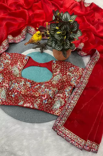 Red Color Sequins and jari & Multi Thread Embroidery Work Satin art silk saree
