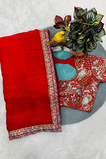 Red Color Sequins and jari & Multi Thread Embroidery Work Satin art silk saree