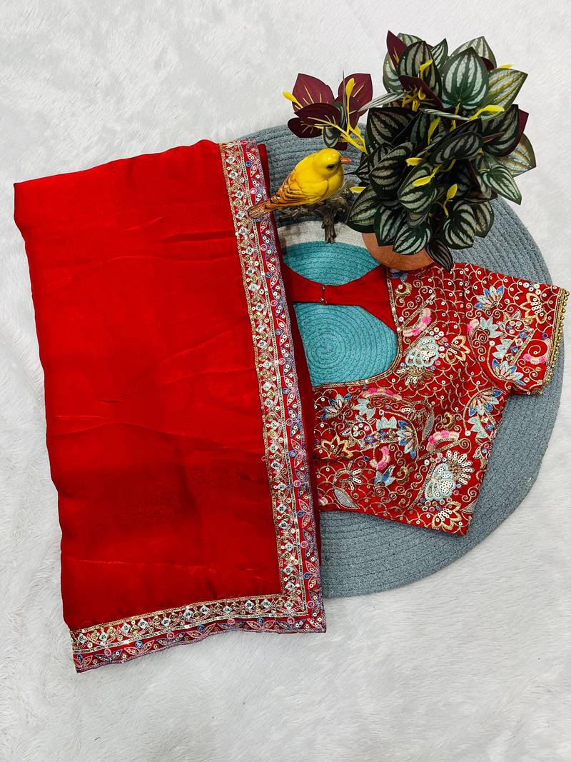 Red Color Sequins and jari & Multi Thread Embroidery Work Satin Silk Saree