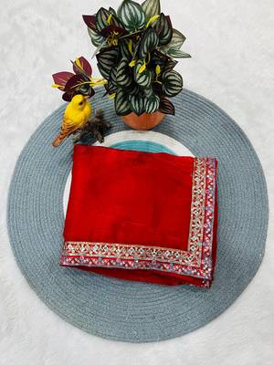Red Color Sequins and jari & Multi Thread Embroidery Work Satin art silk saree 4