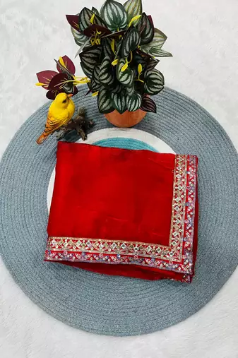 Red Color Sequins and jari & Multi Thread Embroidery Work Satin art silk saree