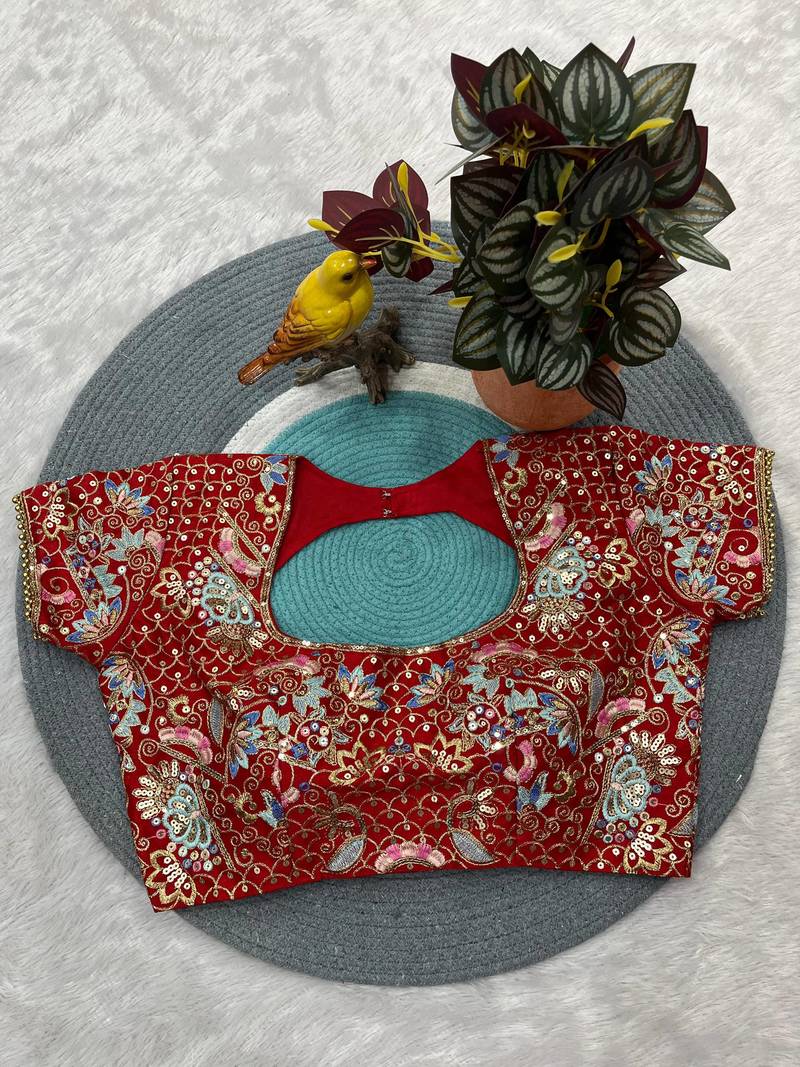 Red Color Sequins and jari & Multi Thread Embroidery Work Satin Silk Saree