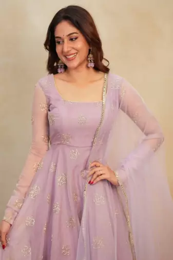 lavender organza anarkali suit set with beads embroidery