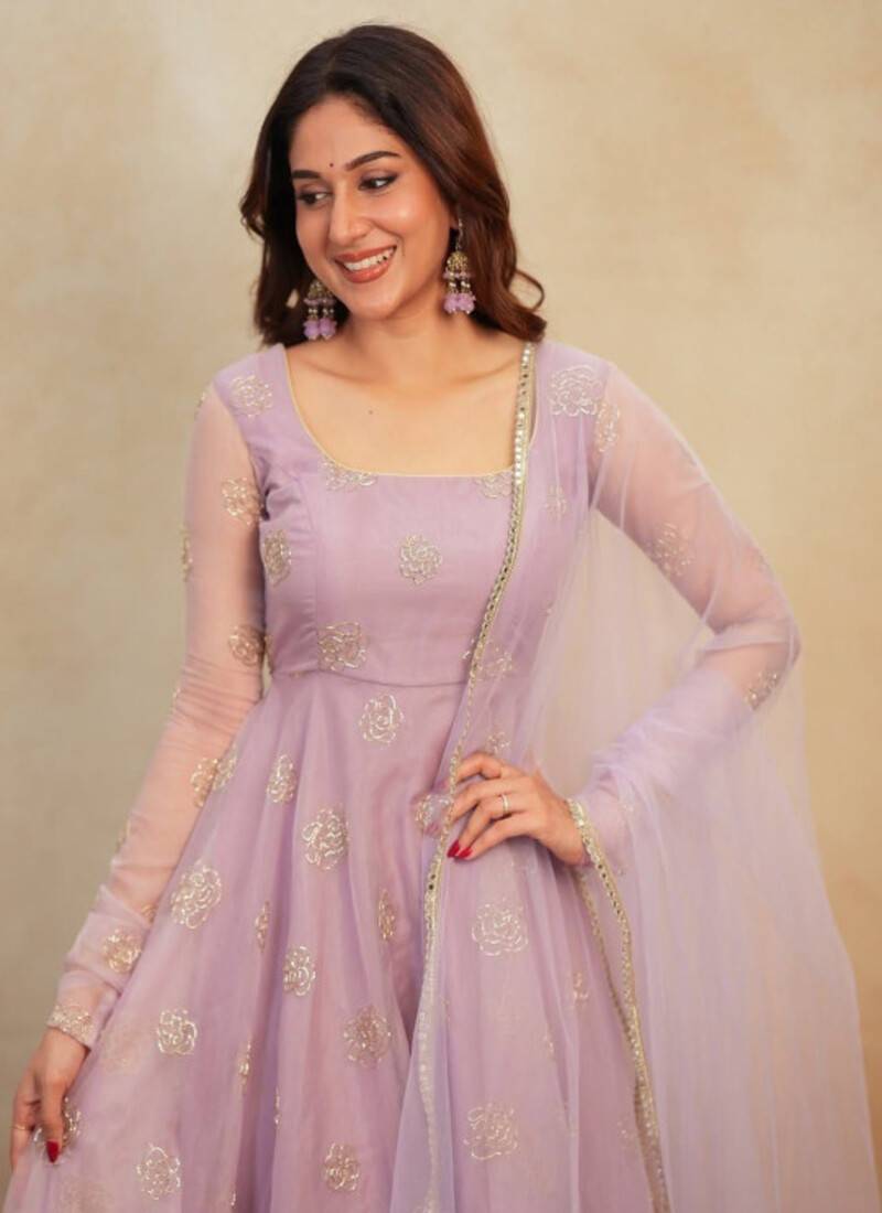 Lavender embroidery bids full stitched anarkali suit