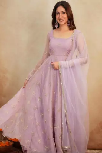 lavender organza anarkali suit set with beads embroidery