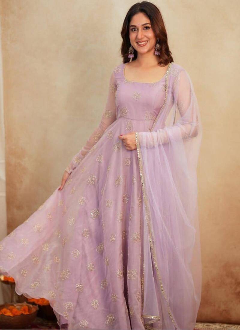 Lavender embroidery bids full stitched anarkali suit