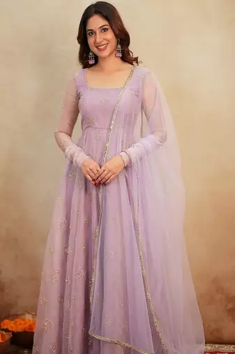 lavender organza anarkali suit set with beads embroidery
