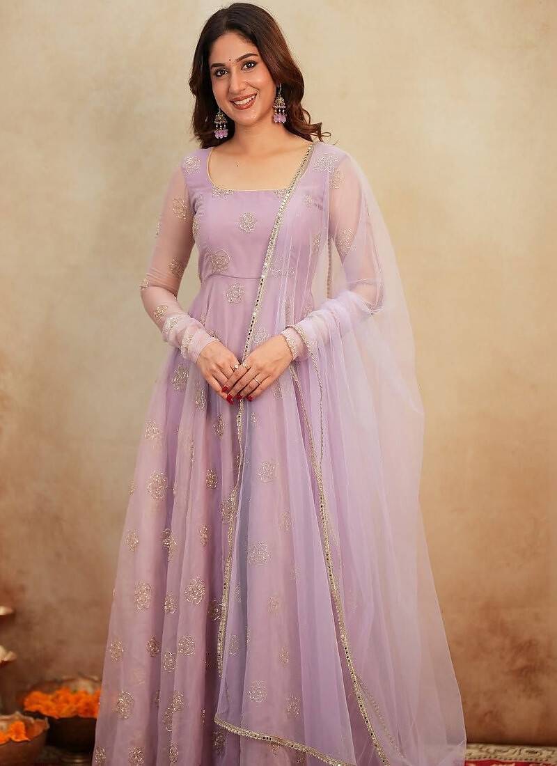 Lavender embroidery bids full stitched anarkali suit