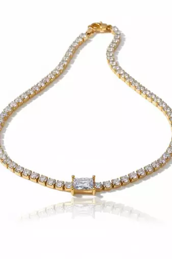 Glamora Elegant Tennis Chain 18K Gold Plated White Stone Statement Necklac