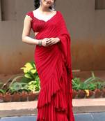 Red Color  3 Layer Ruffle in Skirt and single Layer And Beads and Sequins Work Faux Georgette  Saree