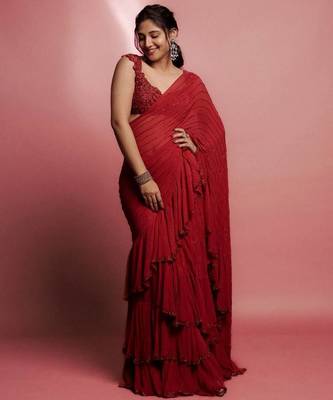 Red Color  3 Layer Ruffle in Skirt and single Layer And Beads and Sequins Work Faux Georgette  Saree 2