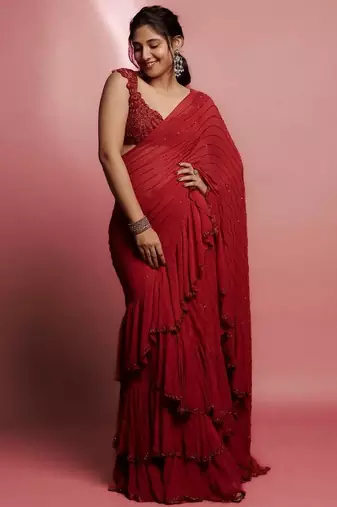 Red Color  3 Layer Ruffle in Skirt and single Layer And Beads and Sequins Work Faux Georgette  Saree
