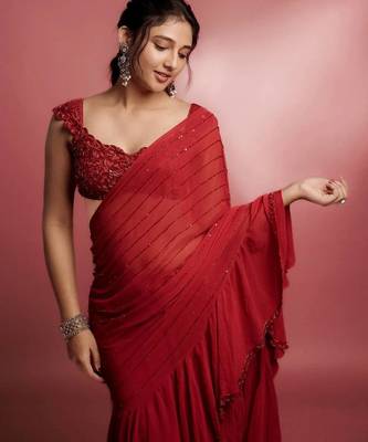 Red Color  3 Layer Ruffle in Skirt and single Layer And Beads and Sequins Work Faux Georgette  Saree 3