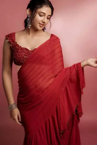 Red Color  3 Layer Ruffle in Skirt and single Layer And Beads and Sequins Work Faux Georgette  Saree