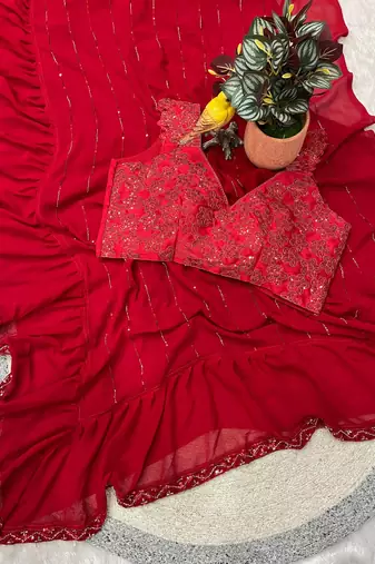 Red Color  3 Layer Ruffle in Skirt and single Layer And Beads and Sequins Work Faux Georgette  Saree