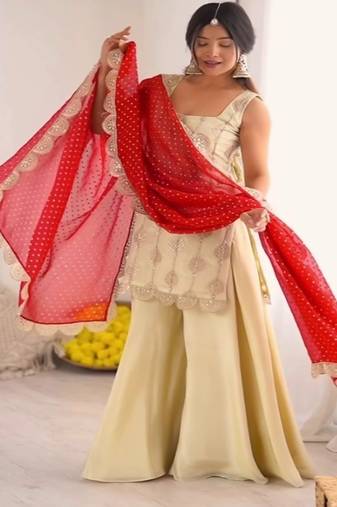 Off-white embroidery crep fully stitched sharara palazzo suit set