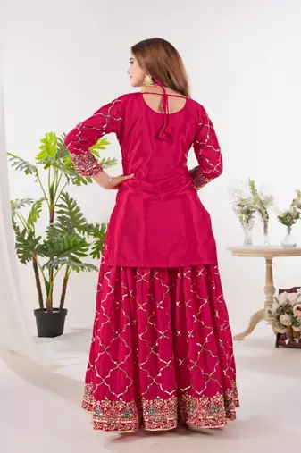 Rani pink embroidery silk blend fully stitched sharara suit set